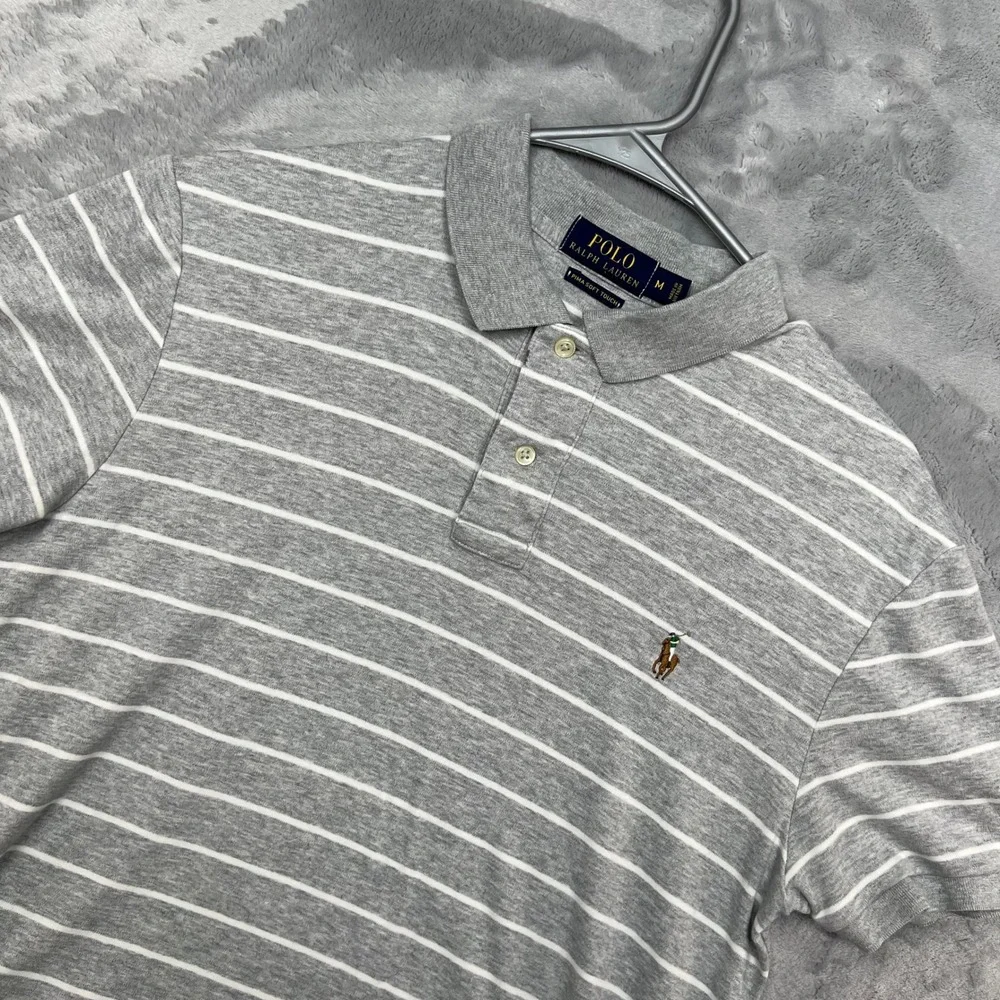 Polo Ralph Lauren Polo Shirt Mens M Grey White Striped Pima Soft Touch Logo
